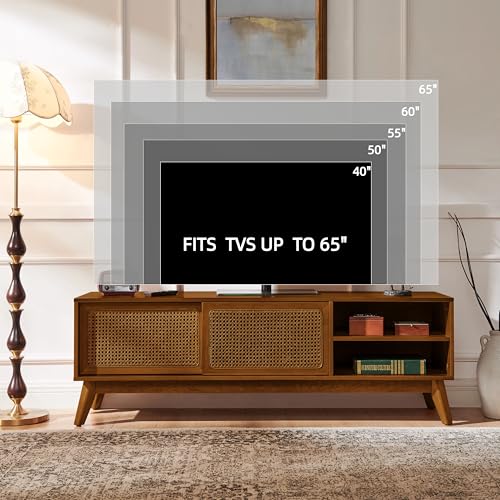 Mid Century Modern Rattan TV Stand for 65 Inch TV,59" Boho Media Console with Sliding Doors & Open Shelves,Solid Wood Legs for Living Room,Light Walnut
