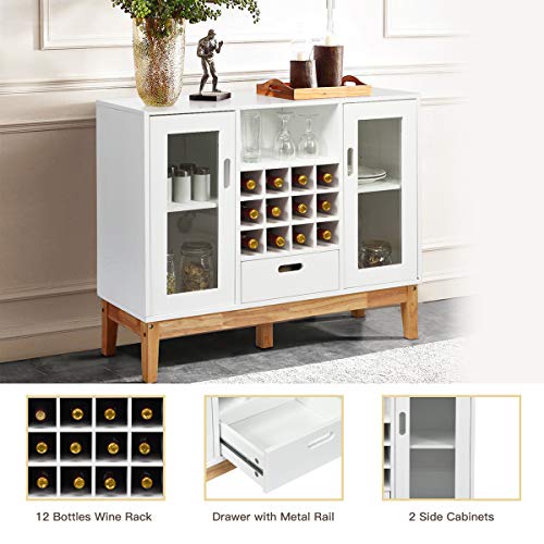 Kitchen Storage Sideboard, Coffee Bar Cabinet w/ 12 Bottle Wine Rack, 2-Doors Transparent Cabinet, 3-Position Adjustable Shelf, One Drawer, Dining Buffets Cabinet for Kitchen Entryway