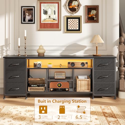 LED TV Stand for 65, 70 Inch TV, 63 Inch Entertainment Center with Power Outlets, 6 Fabric Drawers Dresser for Bedroom, Media Console with Open Shelves, PU Leather Surface, Black