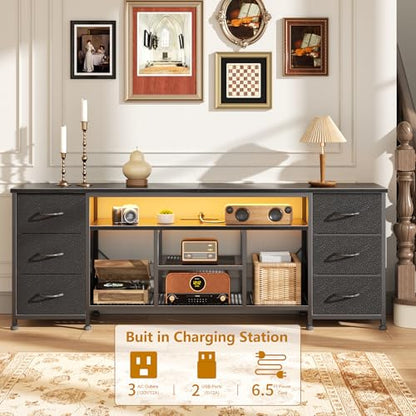 LED TV Stand for 65, 70 Inch TV, 63 Inch Entertainment Center with Power Outlets, 6 Fabric Drawers Dresser for Bedroom, Media Console with Open Shelves, PU Leather Surface, Black