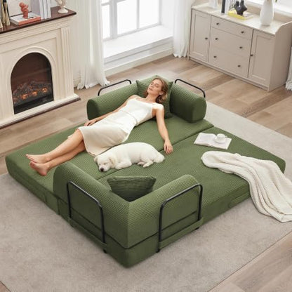 4 in 1 Convertible Sleeper Sofa Bed Couch, 79 Inch Boneless Corduroy Floor Couch with Pillows, No Assembly, Modern Deep Seat Sofa Futon Mattress for Living Room,Apartment,Green