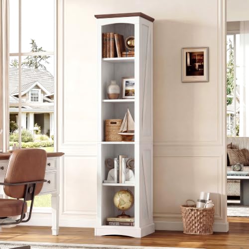 70" Tall Narrow 5-Tier Bookshelf, Farmhouse Bookcase White, view 6