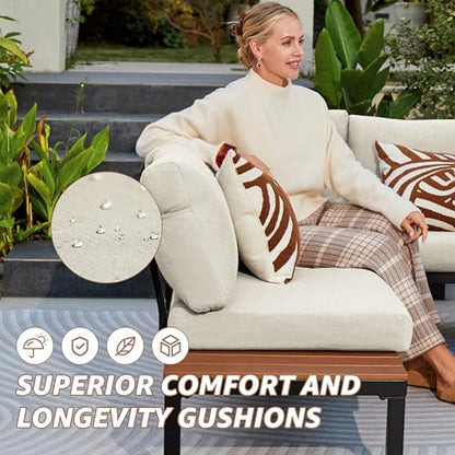 Outdoor Furniture Set, L Shape Patio Sectional, Metal Corner Couch Sofa Set with Side Tables, Detachable Backrest, Fauxwood Coffee Table, Beige Olefin Cushions for Garden Deck