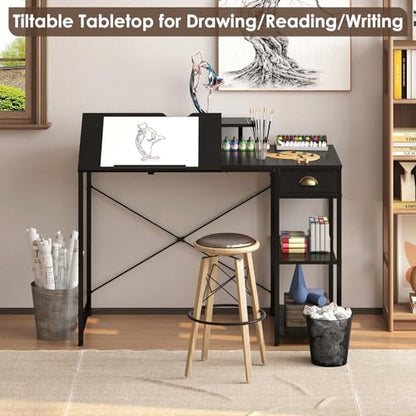 X-cosrack Drafting Table with Storage Shelves & Drawer, 43" Adjustable Art Desk with Monitor Stand for Home Office Computer, Tiltable Draft Drawing Table for Artist, Study, Writing Workstation, Black