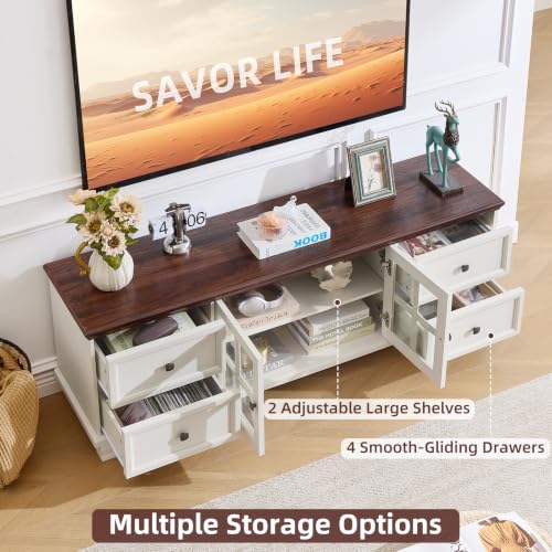 Farmhouse TV Stand with Glass Doors for Living Room, White, view 5