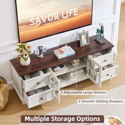 Farmhouse TV Stand with Glass Doors for Living Room, White, view 5