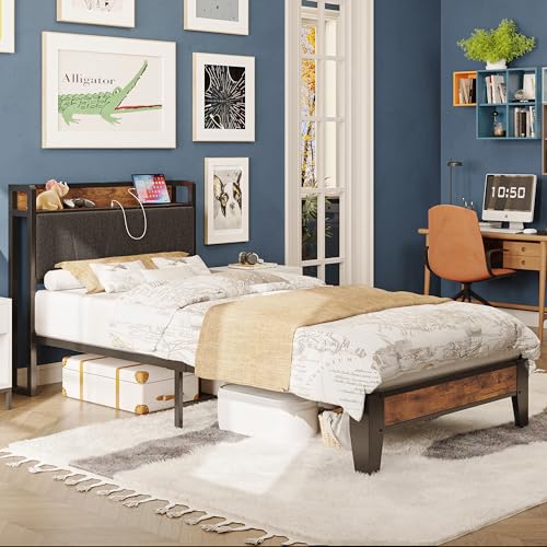 Twin XL Bed Frame with Storage Headboard and Charging Station, view 5