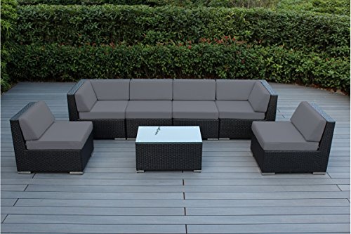 Genuine Ohana Outdoor Sectional Sofa and Dining Wicker Patio Furniture Set (14 pc Set) with Free Patio Cover (Gray)