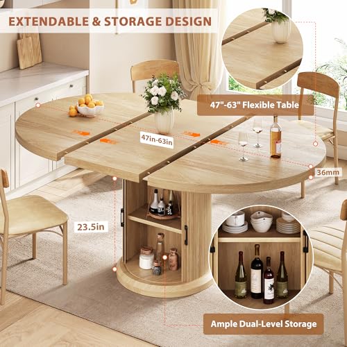 47″–63″ Extendable Round Dining Table for 4–8 with Dust-Proof 2-Tier Storage Shelf Space-Saving Expandable Dining Room Table Wood Oval Circle Dining Table with Pedestal Base (Natural)