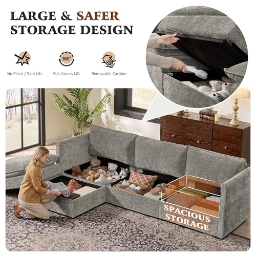 103" Modular Sectional Sofa with Storage, L Shaped Cloud Couch with Movable Ottomans & Throw Pillows, Chenille Deep Seat Sectional Couches for Living Room, Apartment (Grey)