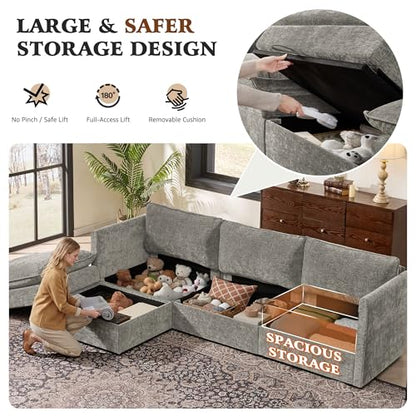 103" Modular Sectional Sofa with Storage, L Shaped Cloud Couch with Movable Ottomans & Throw Pillows, Chenille Deep Seat Sectional Couches for Living Room, Apartment (Grey)