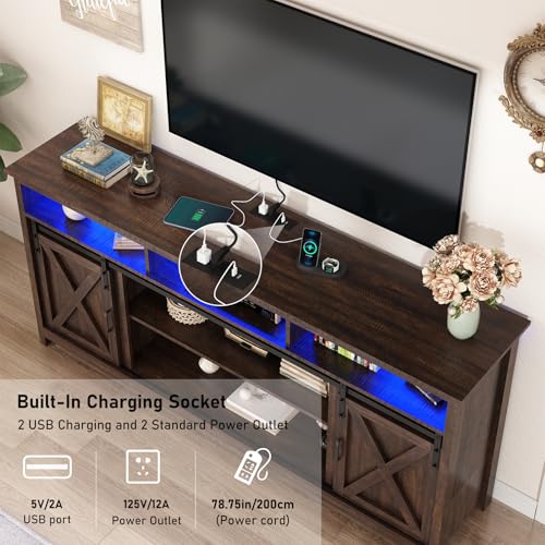 70" LED Farmhouse TV Stand for 80/75/70 Inch TVs,Tall Entertainment Center Storage Cabinets w/Power Outlets and Sliding Barn Door,Rustic TV Stands for Living Room,Media Console Cabinet (Rustic Brown)