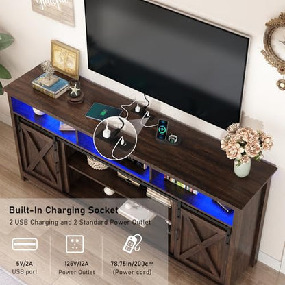 70" LED Farmhouse TV Stand for 80/75/70 Inch TVs,Tall Entertainment Center Storage Cabinets w/Power Outlets and Sliding Barn Door,Rustic TV Stands for Living Room,Media Console Cabinet (Rustic Brown)