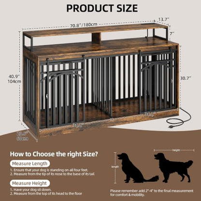 71" Double Dog Crate Furniture with Power Outlets & LED Light, view 3