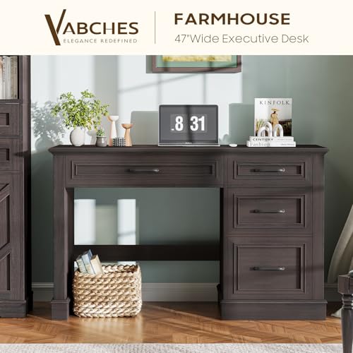 Farmhouse 47" Executive Desk with File Drawer, Computer Desk with 4 Drawers, Workstation for Study, Writing, Home Office, Espresso.