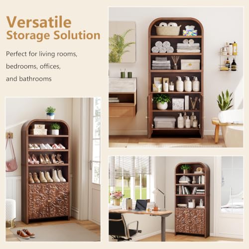 70" Tall Arched Bookcase, 6-Tier Bookshelf with Floral Storage (Walnut), view 6