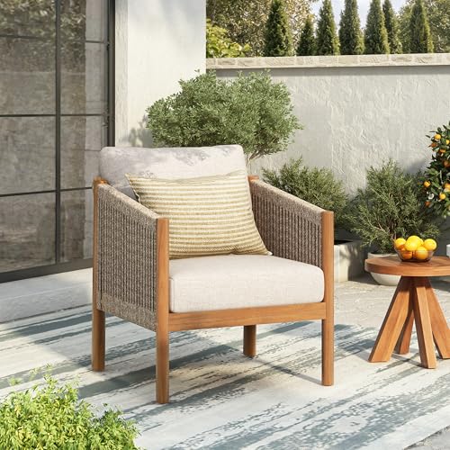 Bubi Acacia Wood Lounge Chair Outdoor with Cushion, Solid Wood Patio Accent Chair with Woven Rope Accents, Patio Furniture Set Sofa Chair, Teak+Beige