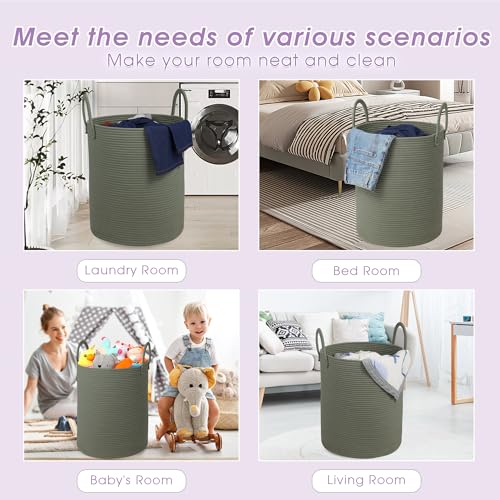 Large Laundry Basket,Laundry Hamper,15''x18'' Cotton Rope Storage Basket with Handles,baby hamper,Nursery Blanket Storage Living Room,toy basket,kids laundry(Green)