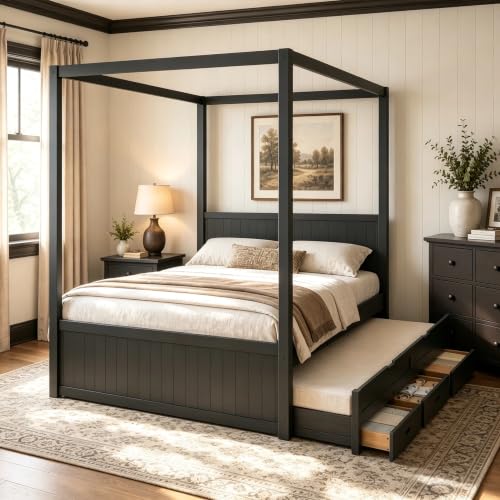 Full Size Farmhouse Canopy Bed with Storage Drawers and Trundle, view 4