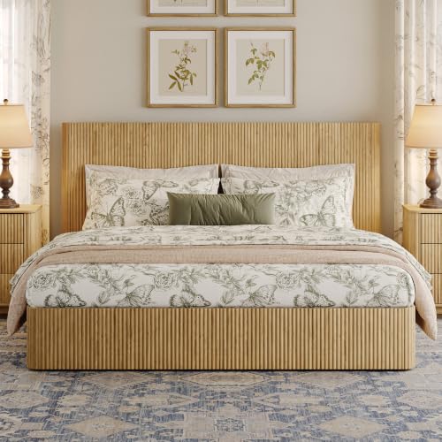 Fluted King Size Platform Bed Frame with Lift up Storage, Oak, view 2