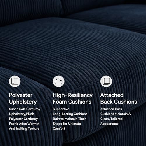 Signature Design by Ashley SimpleJoy Sofa, 83" Navy Blue Contemporary 3-Seater Couch, Soft Polyester Corduroy Fabric with Anti-Sag Platform Foundation, Living Room Furniture