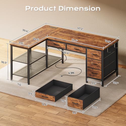 47 Inch L Shaped Desk with Power Outlets, 5 Fabric Drawers, view 4