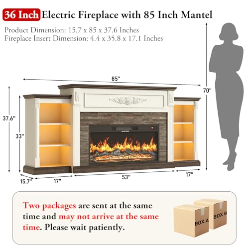 85" Electric Fireplace with Mantel, Antique White, view 3