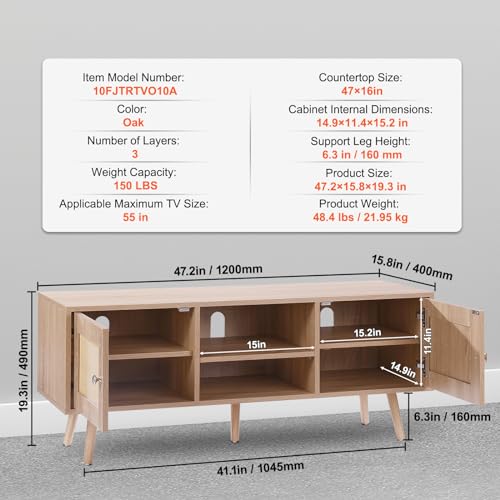 Rattan TV Stand, Boho TV Cabinet for 55 inch TV, Mid Century Modern TV Stand, Rattan TV Console with Adjustable Shelfs for Living Room, Media Room, Oak