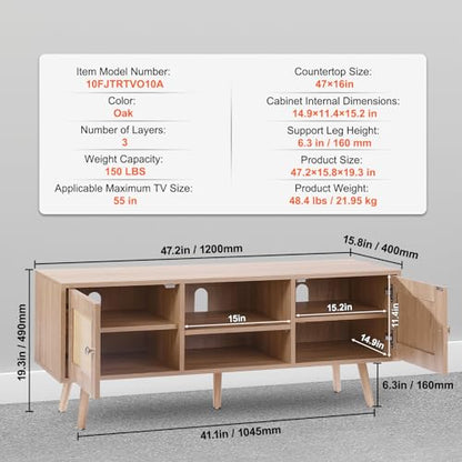 Rattan TV Stand, Boho TV Cabinet for 55 inch TV, Mid Century Modern TV Stand, Rattan TV Console with Adjustable Shelfs for Living Room, Media Room, Oak
