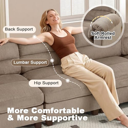 90" Wide Modular L Shaped Sofa Couch with Movable Ottoman, Convertible Corduroy Sectional Couches with Reversible Chaises and Rolled Arm for Living Room,Brown