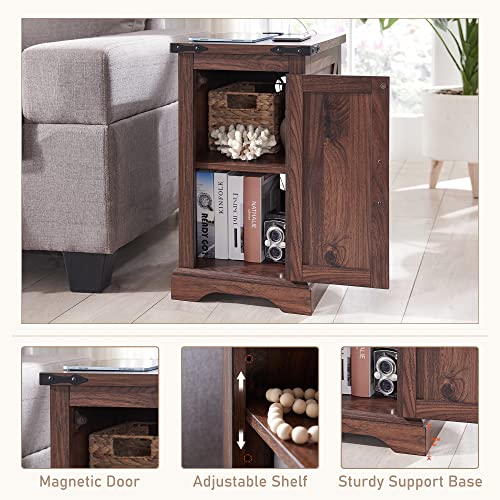 Nightstand with Charging Station, Rectangular Farmhouse End Table with Barn Door and Adjustable Storage Shelf, 17" Deep Wood Rustic Sofa Side Table for Living Room, Bedroom, Brown
