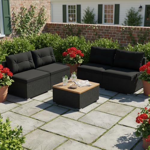 5 Pieces Wicker Patio Furniture Set, Outdoor 4 Armless Rattan Sofa & Coffee Table Set, with Cushions, Acacia Wood Tabletop, Sectional Patio Conversation Set for Lawn, Yard, Poolside, Black