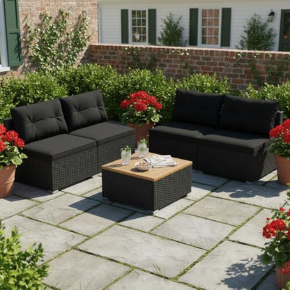 5 Pieces Wicker Patio Furniture Set, Outdoor 4 Armless Rattan Sofa & Coffee Table Set, with Cushions, Acacia Wood Tabletop, Sectional Patio Conversation Set for Lawn, Yard, Poolside, Black