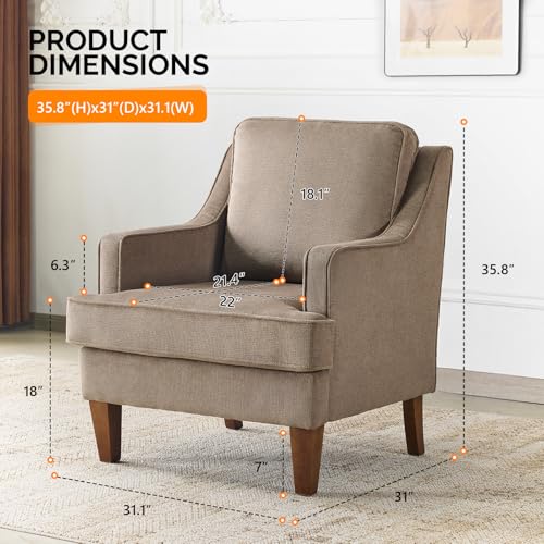 Mid-Century Accent Chairs Set of 2, Light Brown Upholstered Armchair Comfy Sofa Chairs Reading Chair High Back Living Room Bedroom Furniture for Apartment