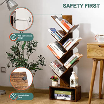 Tree Bookshelf - 6 Shelf Retro Floor Standing Bookcase, Tall Wood Book Storage Rack for CDs/Movies/Books, Utility Book Organizer Shelves for Bedroom, Living Room, Home Office, Rustic Brown