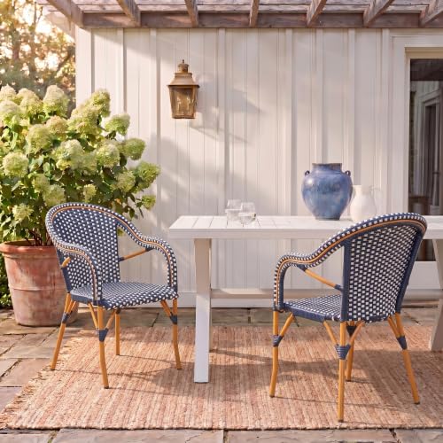SAFAVIEH Outdoor - California Armchair Set of 2 - Navy & White - Faux Wicker & Aluminum Frame - Woven Bistro Design with Arms - Ideal for Patio, Sunroom, Dining Area, 17.3" Seat Height (PAT7531E-SET2)