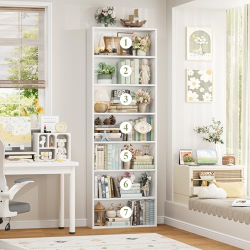 82" Tall Bookshelf, 7-Tier Open Shelves Bookcase, Freestanding Display Storage Shelves, Tall Bookcase Home Decor Furniture for Home Office, Living Room, Bedroom, White