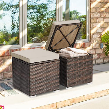 2 Pieces Patio Ottomans, Patiojoy Hand-Woven PE Rattan Side Table with Removable Cushion & Hidden Storage Space, Multifunctional Storage Box, Seat for Patio, Backyard, Poolside (Beige)