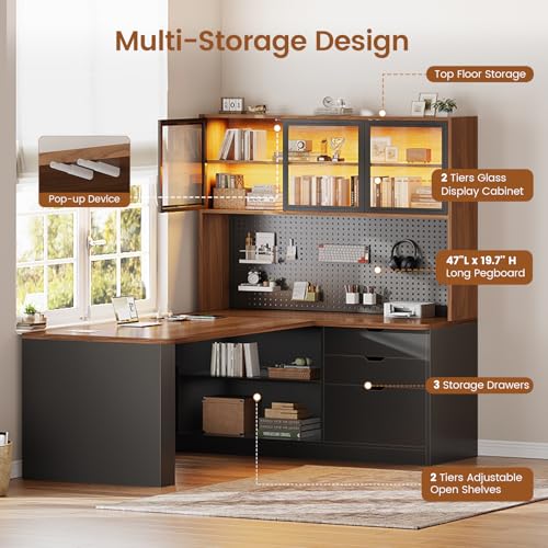 L Shaped Computer Office Desk with 3 Wood Drawer and Large Bookshelf, view 5