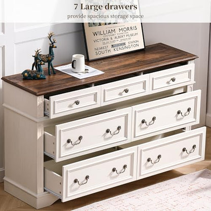Farmhouse Dresser and Nightstand Sets, 6-Drawer with 7 Drawer Dresser & 3 Drawer Nightstand Sets, 4 Pieces Rustic Wood Bedroom Furniture Set for Home, Bedroom, Hallway(White)