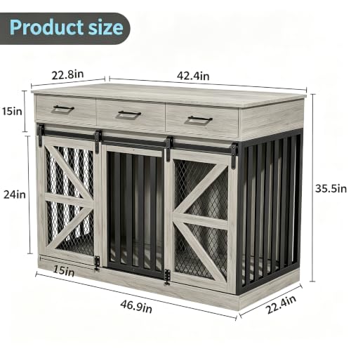 Spacesea Large Dog Crate Furniture with Sliding Barn Door, view 3