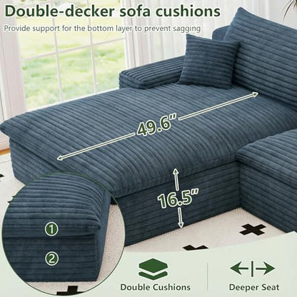107" Cloud Couch Modular Sectional Sofa for Living Room, U-Shape Boneless Couch with Deep Seat, Modern Corduroy 3-Seater with Ottoman, No Assembly Required (Blue,Left-Facing Chaise)