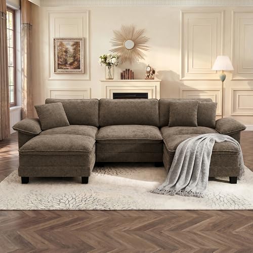Cloud Modular Couch Sets, 123.6" Oversized Sectional Sofa with U-Shaped Chaise, 5-Seater Couches with 2 Movable Ottomans for Living Room, Chenille Grayish Brown