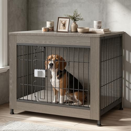 Wooden Dog Crate Furniture 27" for Small to Medium Dogs, Greige, view 2