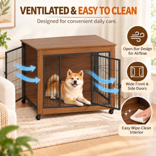 38.6" Dog Crate Furniture with Wheels and Double Doors, view 6