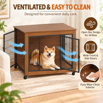 38.6" Dog Crate Furniture with Wheels and Double Doors, view 6