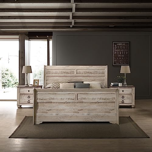 Imerland White Wash Finish 3-Piece Bedroom Set-Sleigh Bed and Two Nightstands, Queen Size