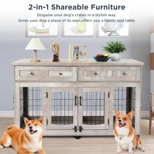 Dog Crate Furniture with Drawers for Large Breed,58" Dog Kennel, view 3