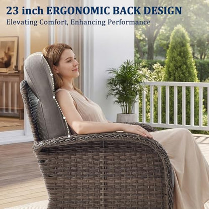 Outdoor Swivel Rocking Chair Patio Set (9pcs) High-Back - Thick Cushion Swivel Rocking Chair Patio with Fire Table Set, All-Weather Wicker Patio Furniture Set, Suitable for Balcony Patios, Brown/Gery