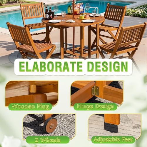 5 Piece Patio Dining Set Outdoor Acacia Wood Furniture All-Weather Folding Round Table and Chairs for Backyard, Balcony, Porch, Deck, Garden, Light Brown